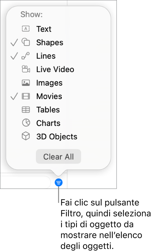 Menu a comparsa Filtra aperto con un elenco dei tipi di oggetti che l’elenco può includere (testo, forme, linee, immagini, filmati, tabelle e grafici).