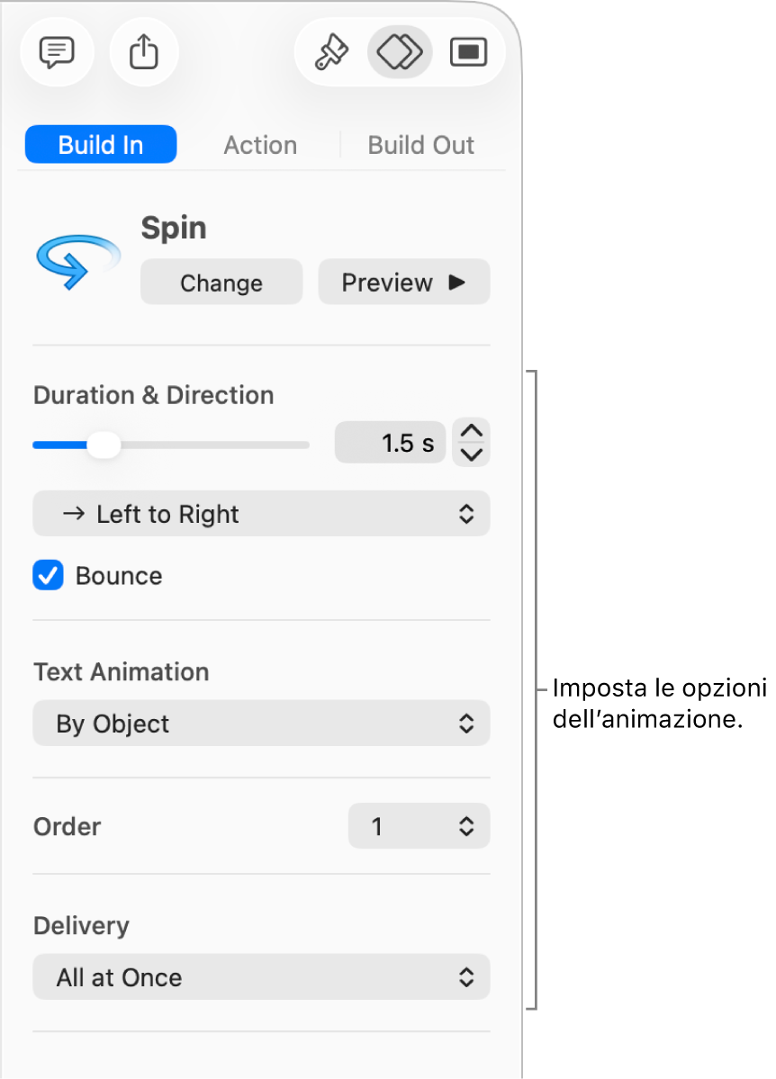 Le opzioni “In entrata” nella sezione Anima della barra laterale.