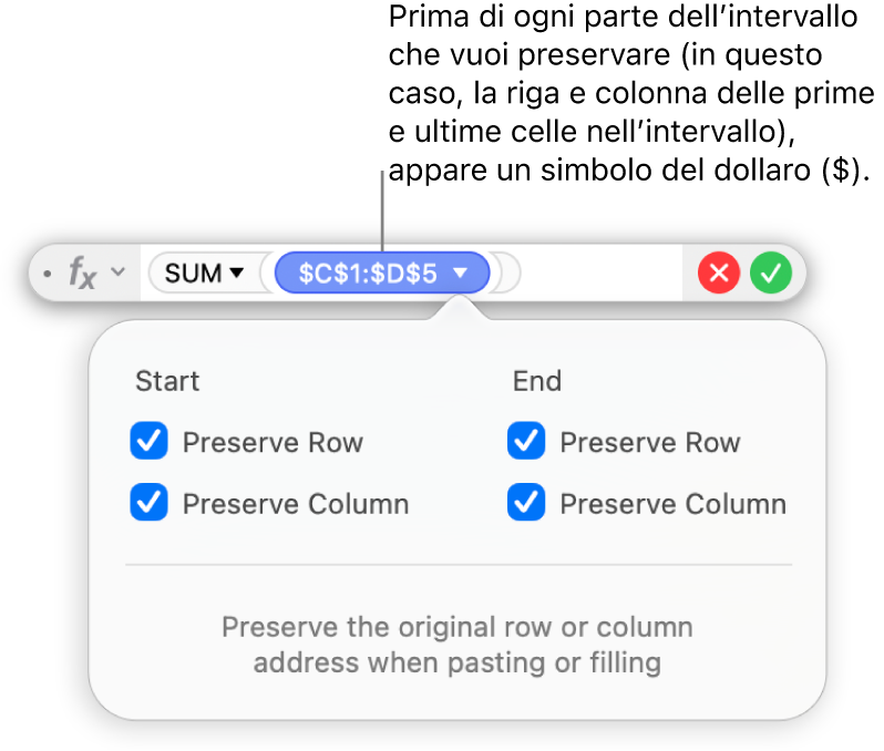 L’Editor formule mostra le opzioni “Conserva riga” e “Conserva colonna” selezionate per un determinato intervallo.