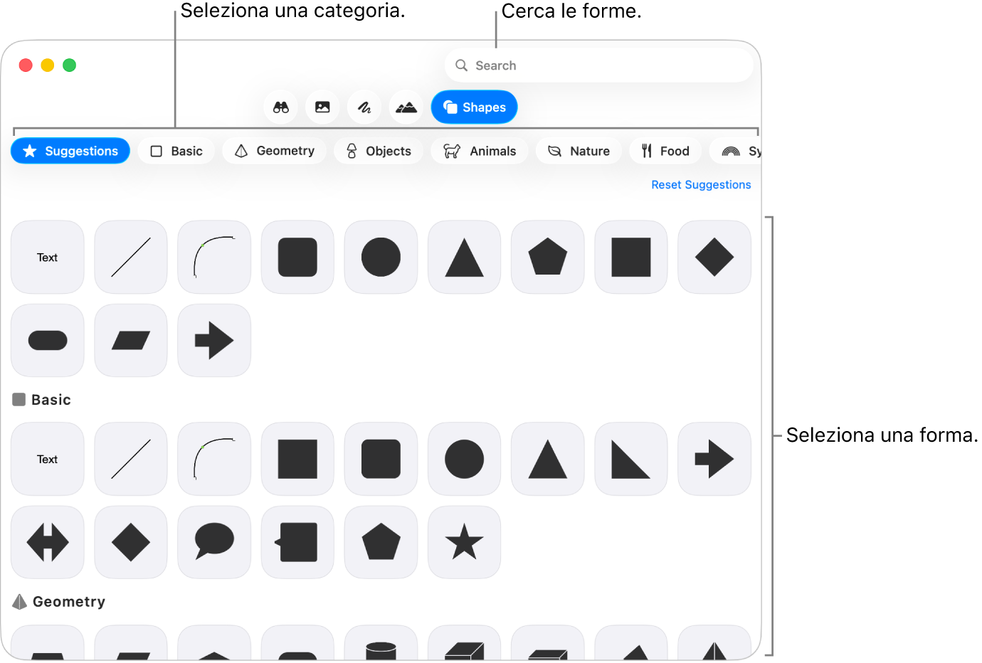 La libreria forme, con le categorie elencate a sinistra e le forme visualizzate a destra. Puoi usare il campo di ricerca nella parte superiore per trovare forme e scorrere per visualizzarne di più.
