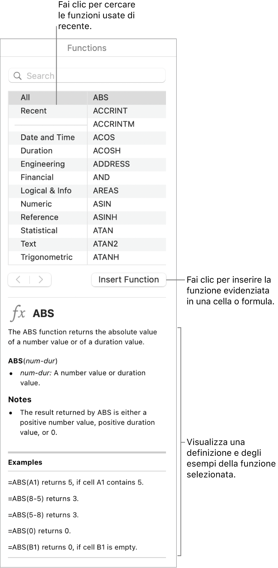 Browser funzioni con didascalie per le funzioni utilizzate di recente, il pulsante “Inserisci funzione” e la definizione della funzione.