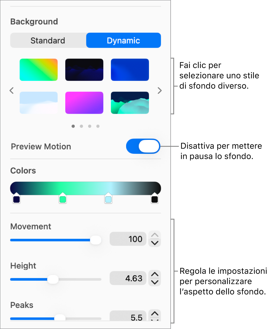Il pulsante Dinamico selezionato nella sezione Sfondo della barra laterale Formattazione con gli stili di sfondo dinamico, il controllo per l’anteprima del movimento e i controlli di aspetto visualizzati.