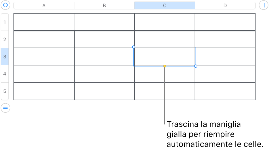 Una cella selezionata con una maniglia gialla che puoi trascinare per riempire automaticamente le celle.