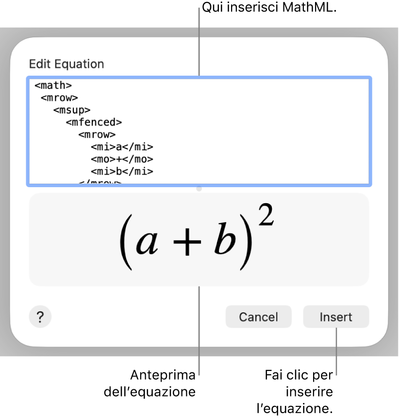 L’equazione del coefficiente angolare di una retta nel campo “Modifica equazione” e un’anteprima della formula sotto.