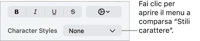 Menu a comparsa “Stili carattere” sotto i controlli per modificare stile e colore del testo.