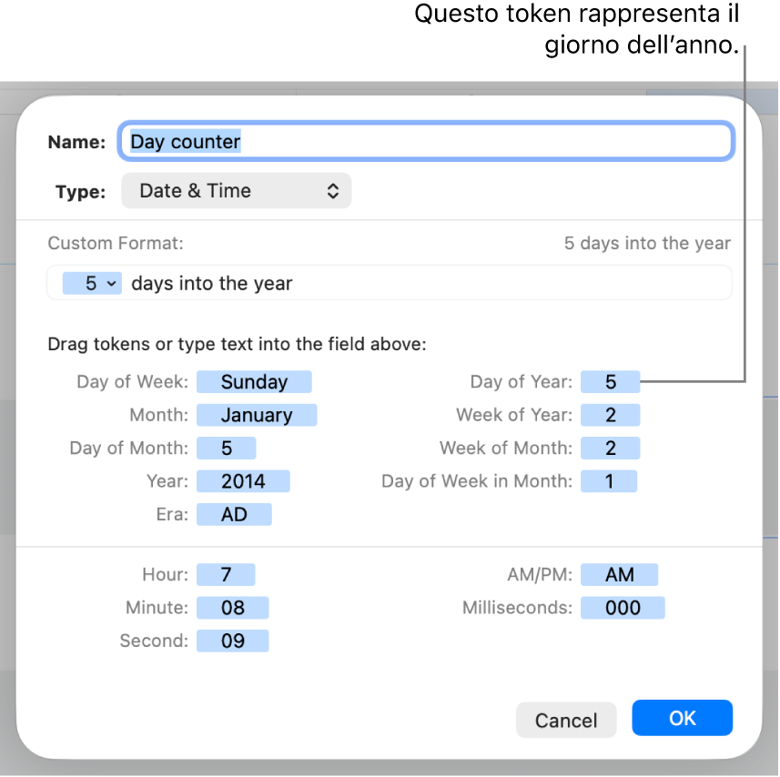 Finestra per la formattazione delle celle con controlli per creare un formato di data e ora personalizzato.