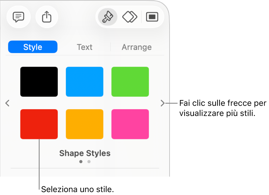 Pannello Stile della barra laterale Formato con sei stili di oggetto e frecce per la navigazione a destra e a sinistra.
