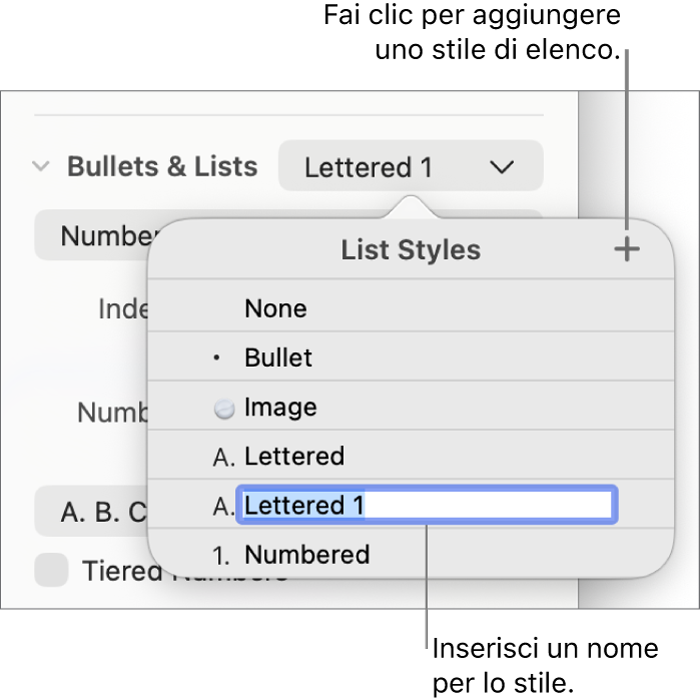 Menu a comparsa “Stili elenco” con un pulsante Aggiungi nell’angolo superiore destro e un nome di stile segnaposto con il suo testo selezionato.