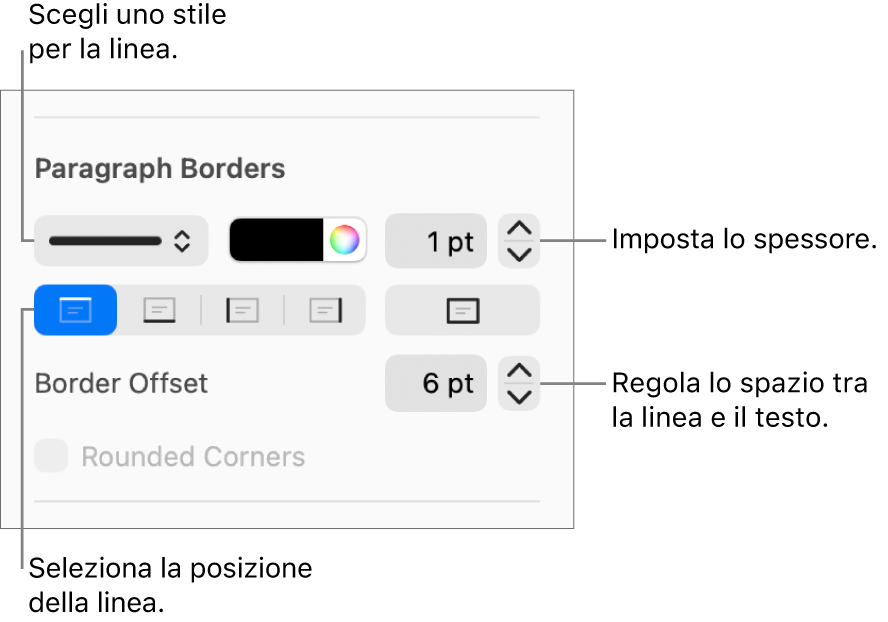 Controlli per modificare lo stile, lo spessore, la posizione e il colore della linea.