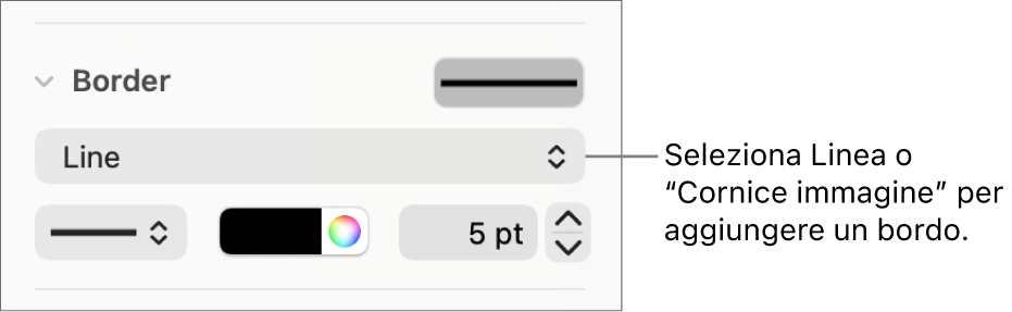 I controlli di stile Bordo nella barra laterale Formattazione, con Linea selezionato come tipo di bordo.