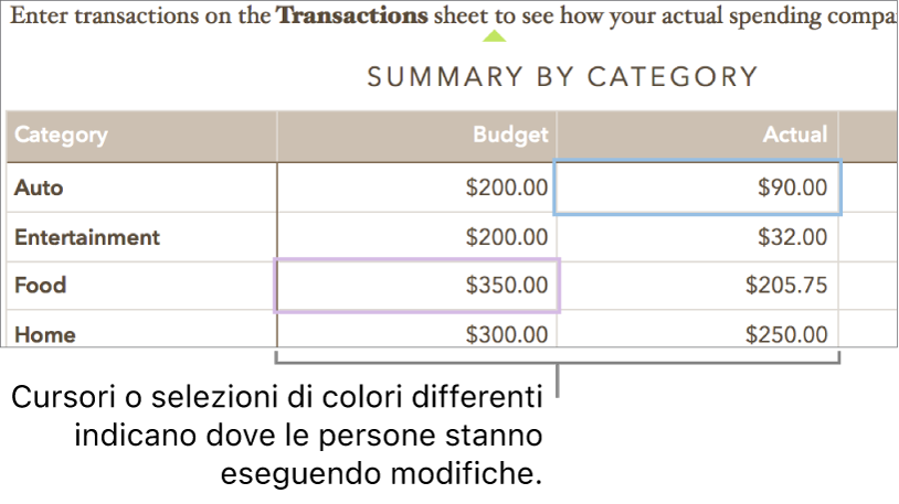 Cursori o selezioni in colori diversi mostrano il punto in cui le varie persone stanno apportando modifiche.