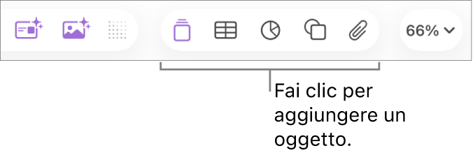 barra strumenti di Keynote con i pulsanti Tabella, Grafico, Testo, Forma e Multimedia.