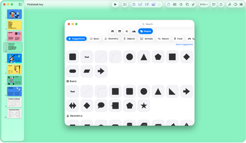 La finestra di Keynote con il menu Forma aperto dalla barra strumenti.