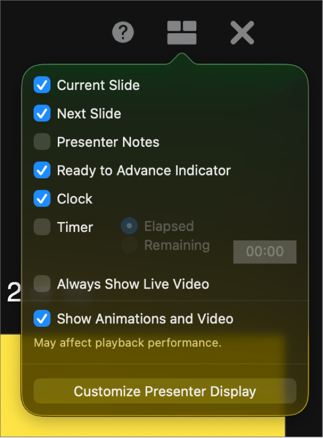 Le opzioni della visualizzazione presentatore, tra cui “Diapositiva attuale”, “Diapositiva successiva”, “Note del presentatore”, “Indicatore Pronto per avanzare”, Orologio e Timer. Il timer include opzioni aggiuntive per mostrare il tempo trascorso o il tempo rimanente.