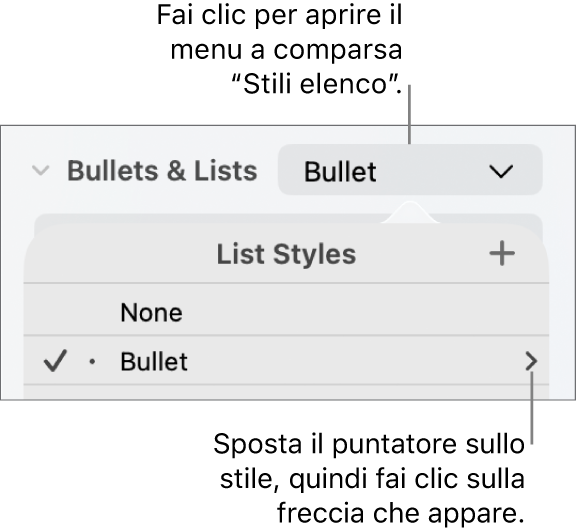Menu a comparsa “Stili elenco” con uno stile elenco selezionato e una freccia lontana alla sua destra.