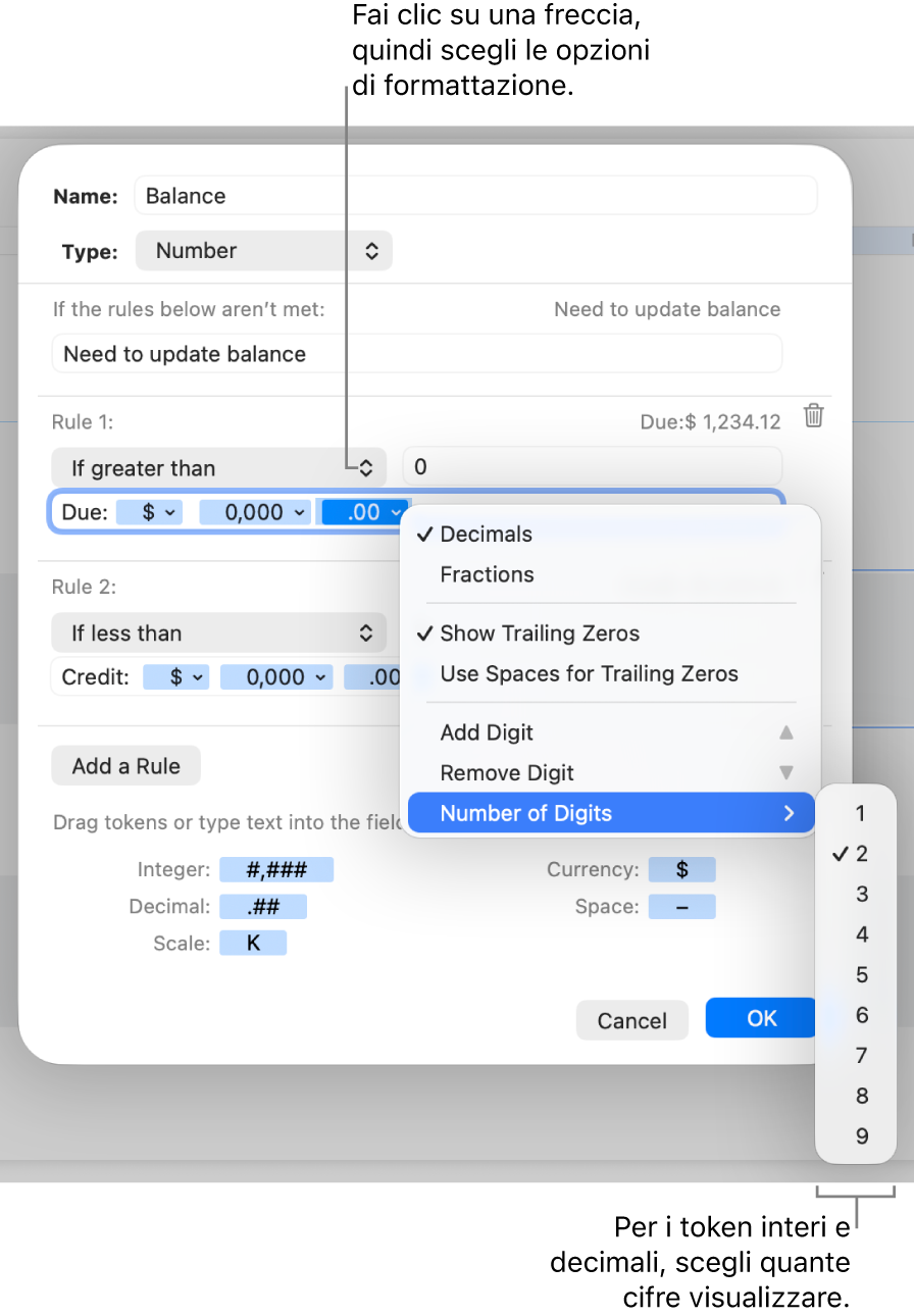 Finestra per la formattazione delle celle con controlli per la creazione di un formato di numero personalizzato.