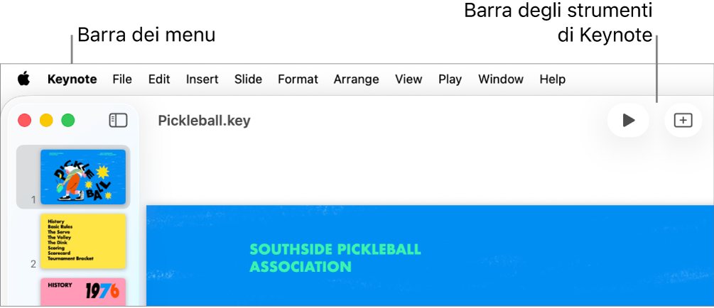 La barra dei menu nella parte superiore dello schermo con i menu Apple, Keynote, File, Modifica, Inserisci, Formato, Disposizione, Visualizza, Riproduci, Finestra e Aiuto. Sotto la barra dei menu è visibile una presentazione di Keynote aperta con i pulsanti della barra strumenti Visualizza, Ridimensiona, “Aggiungi diapositiva”, Riproduci, Tabella, Grafico, Testo, Forma e Multimedia nella parte superiore.