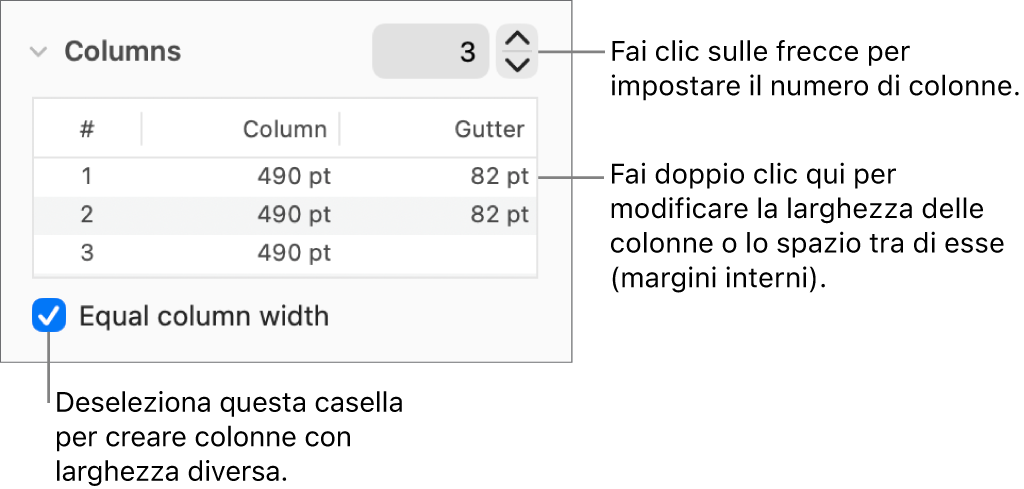 Controlli nella sezione Colonne per la modifica del numero di colonne e della larghezza di ogni colonna.