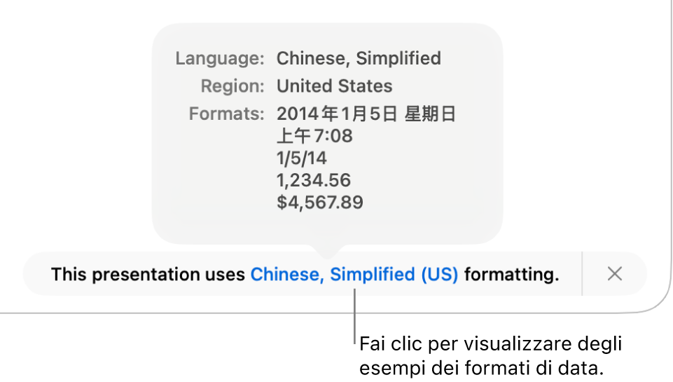 La notifica della diversa impostazione di lingua e zona, con esempi dei formati.