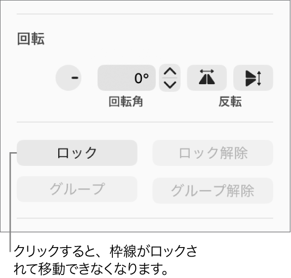 「回転」、「ロック」、「グループ」の各オブジェクトコントロール。「ロック」ボタンがコールアウトされています。