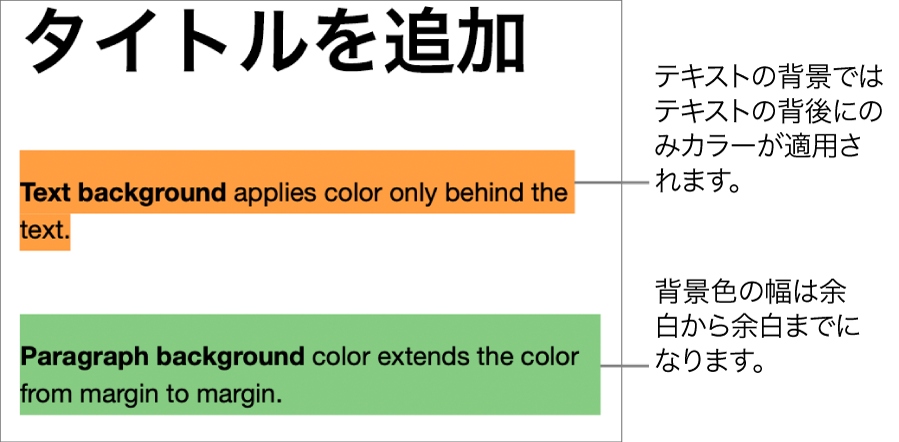 テキストの背景にのみ色が付いた段落と、余白から余白までの背景全体に色が付いた段落。