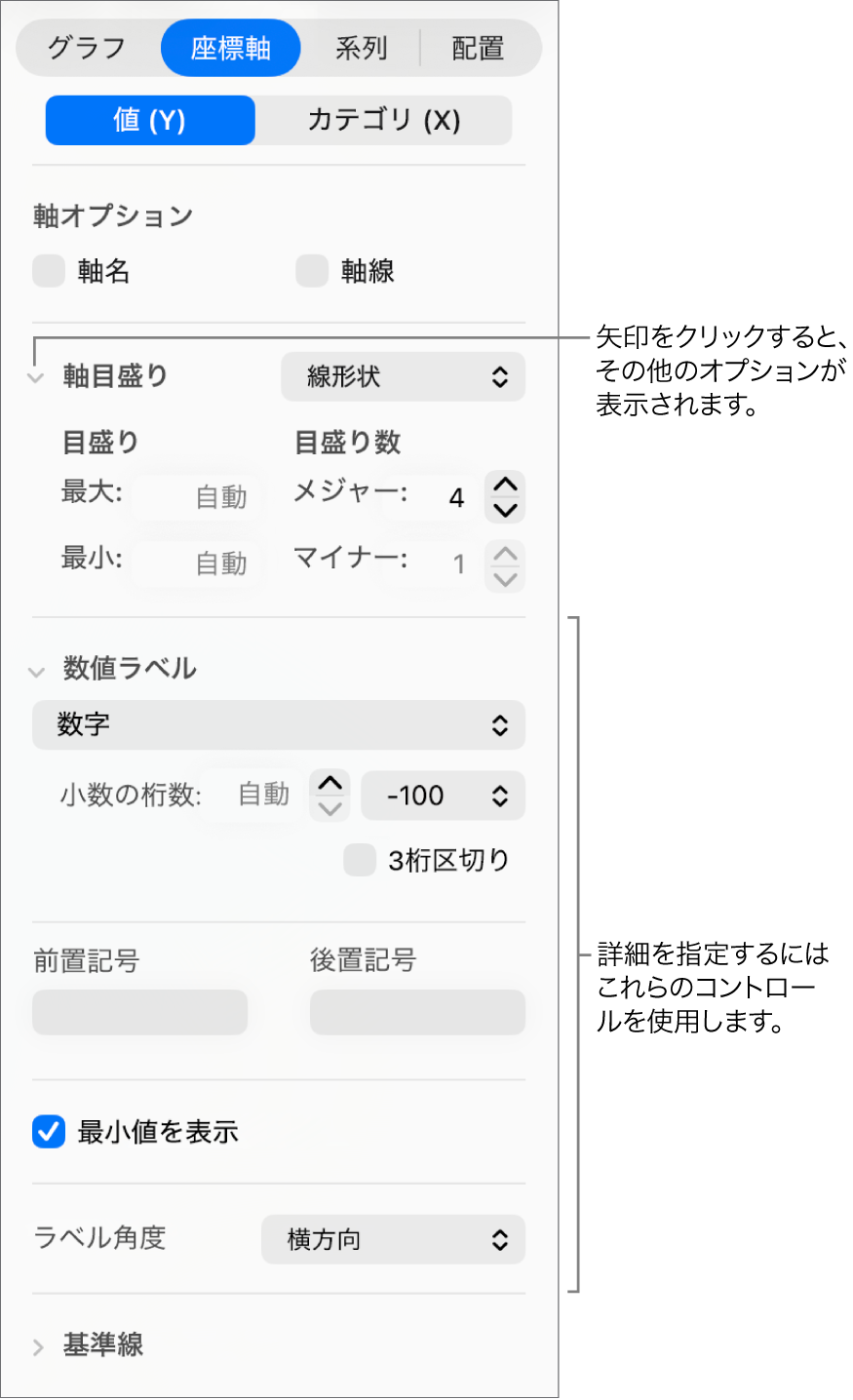 グラフ軸マーキングをフォーマットするためのコントロール。