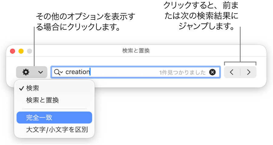 「検索と置換」ウインドウ。「検索」、「検索と置換」、「完全一致」、「大文字小文字を区別」のオプションを表示するポップアップメニューが表示された状態。右にある矢印で前または次の検索結果にジャンプできます。