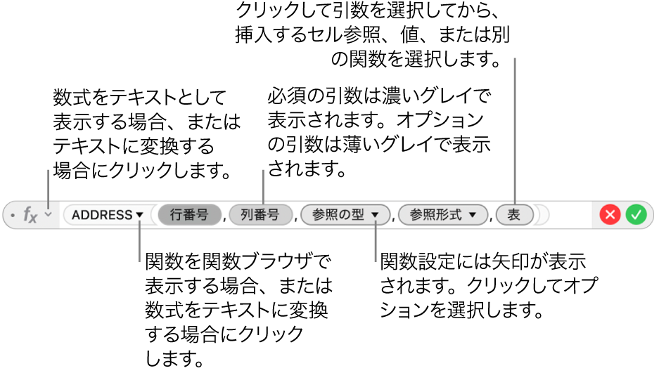数式エディタ。ADDRESS関数とその引数トークンが表示された状態。