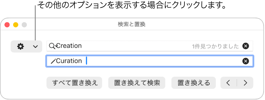 「検索と置換」ウインドウ。詳細オプションを表示するポップアップメニューのコールアウトが表示された状態。