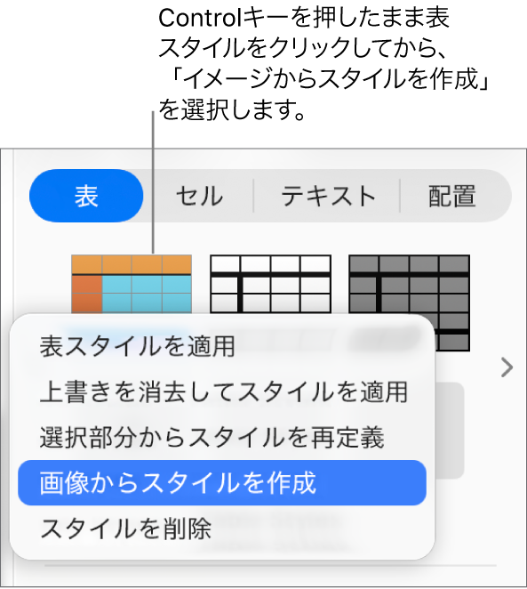 表スタイルのショートカットメニュー。