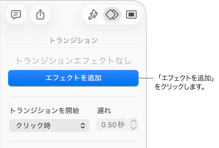 サイドバーの「アニメーション」セクションに表示されている「エフェクトを追加」ボタン。