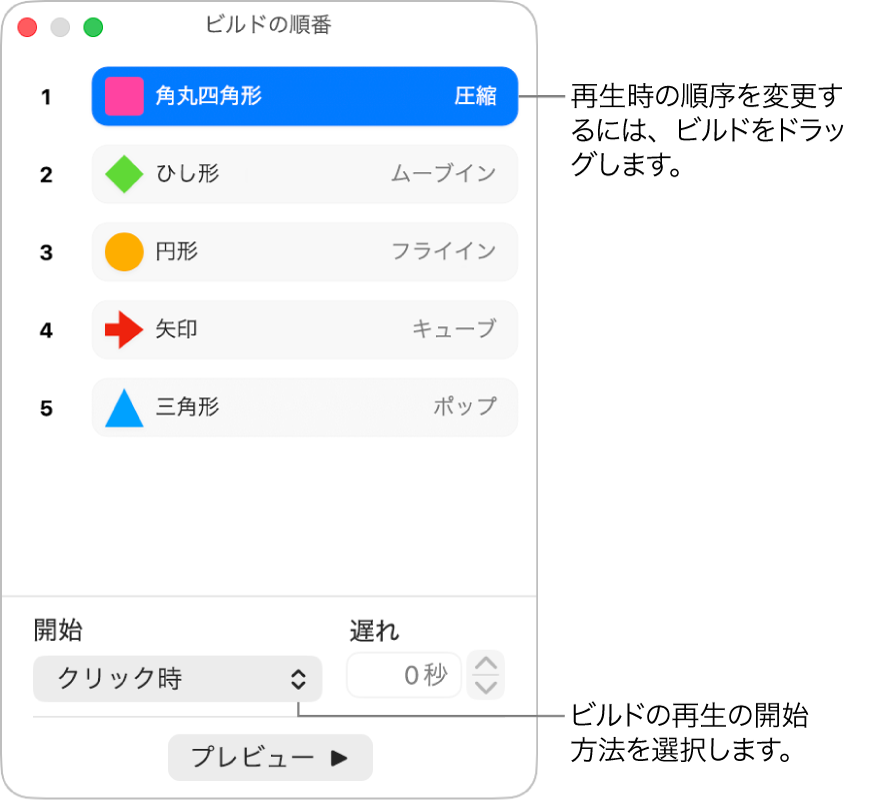 「ビルドの順番」ウインドウ。