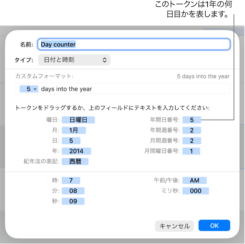 セルのカスタムフォーマットのウインドウ。日付と時刻のカスタムフォーマットを作成するためのコントロールが表示された状態。