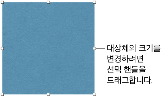 대상체의 크기를 변경하기 위해 테두리에 흰색 사각형이 있는 대상체.