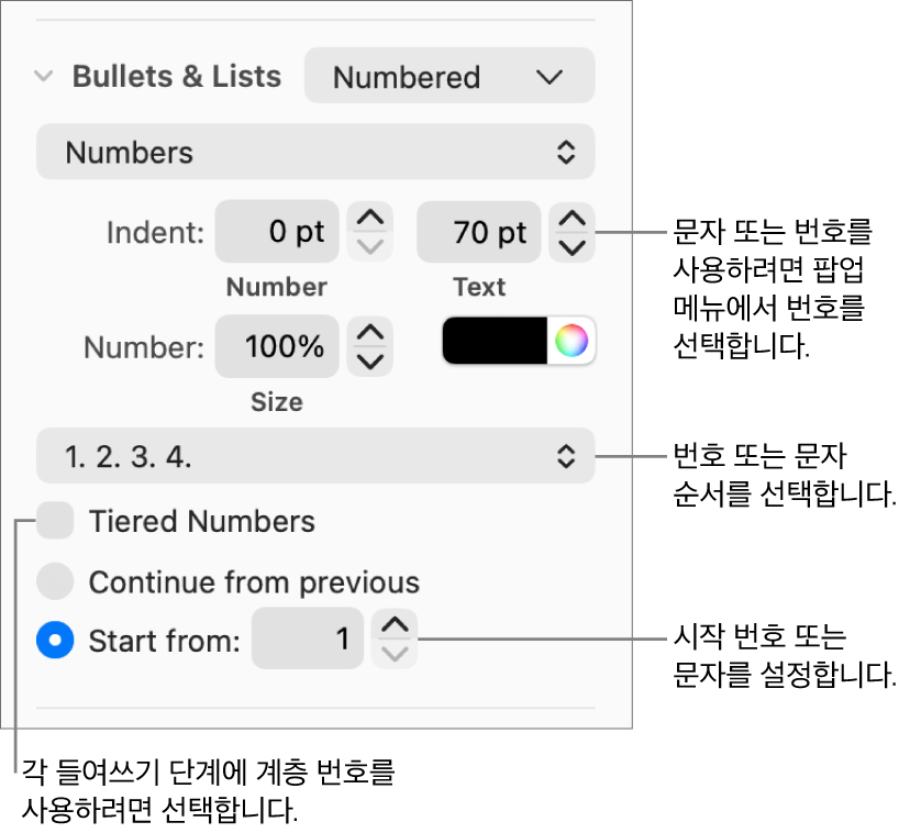 숫자 스타일 및 목록 간격 변경용 제어기.