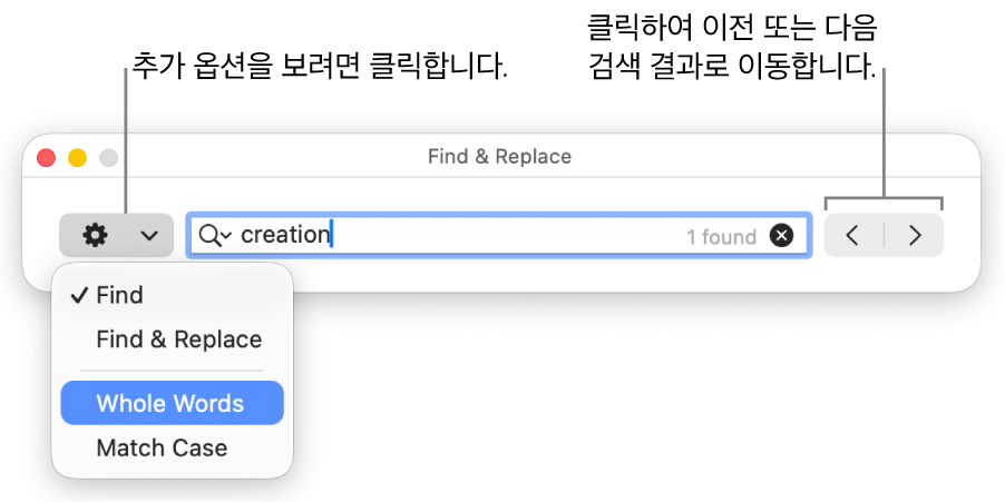 찾기, 찾기 및 대치, 전체 단어 및 대/소문자 일치 옵션을 보여주는 팝업 메뉴가 있는 찾기 및 대치 윈도우. 오른쪽의 화살표는 이전 또는 다음 검색 결과로 이동할 수 있게 해줍니다.