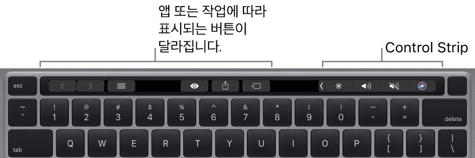 숫자 키 위에 Touch Bar가 있는 키보드입니다. 텍스트 수정 버튼은 왼쪽과 중앙에 있습니다. 오른쪽에 있는 Control Strip에는 밝기, 음량, Siri를 제어하는 시스템 제어기가 있습니다.