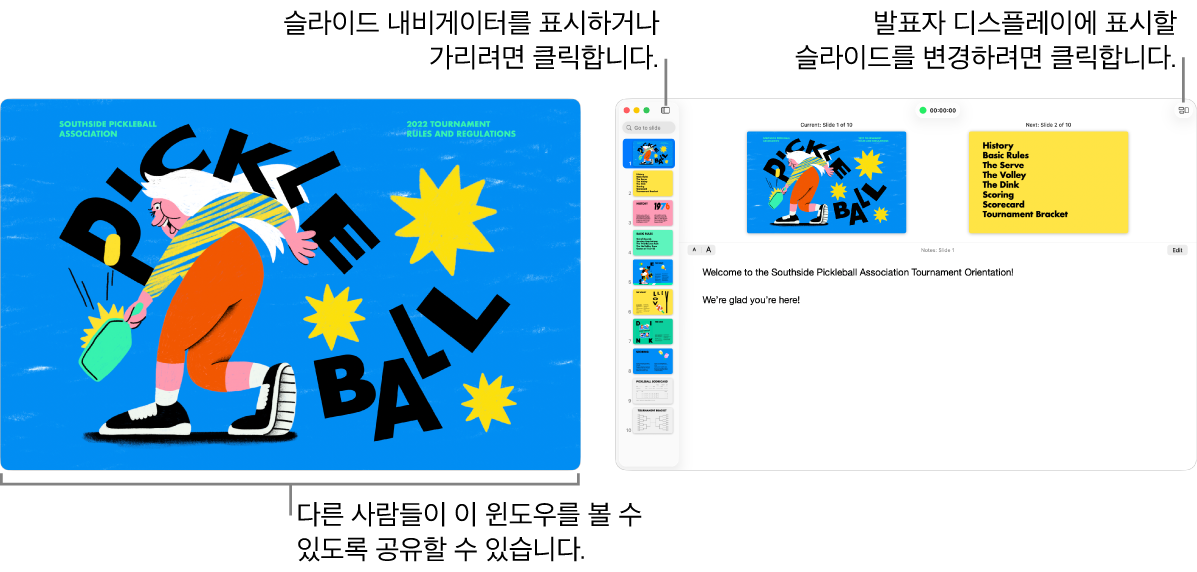 Keynote 프레젠테이션이 첫 번째 윈도우에 표시되어 있고 두 번째 윈도우에는 슬라이드 내비게이터, 발표자 메모 및 슬라이드 미리보기와 함께 발표자 디스플레이가 표시됨.