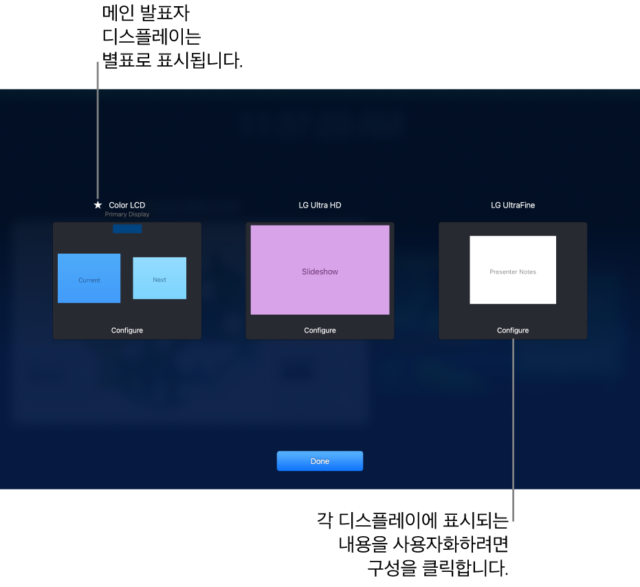 디스플레이 구성 화면에 MacBook 및 두 개의 외장 디스플레이가 표시된 썸네일 3개가 보임. 각 썸네일 하단에 구성 버튼이 표시됨. MacBook 디스플레이는 메인 디스플레이라고 레이블되어 있고 이름 옆에 별표가 있음. 화면 하단에 완료 버튼이 나타남.