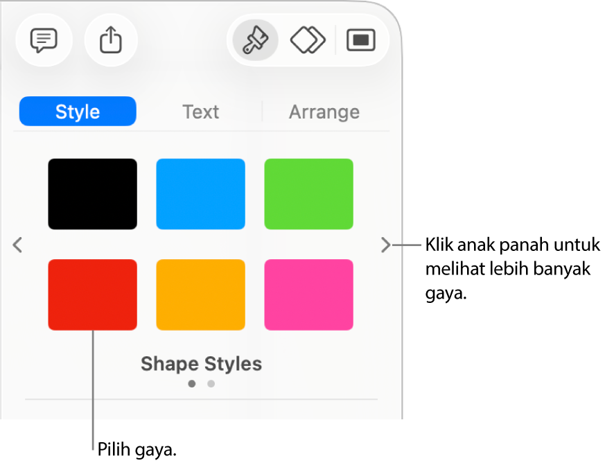 Tab Gaya pada bar sisi Format dengan enam gaya objek dan anak panah navigasi di bahagian kiri dan kanan.