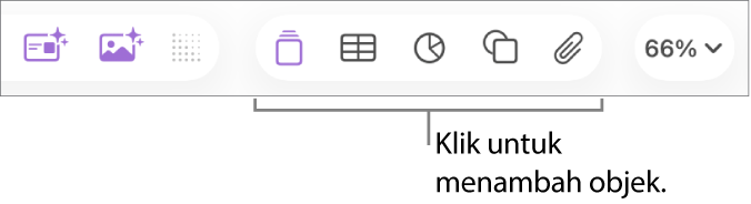 Bar alat Keynote dengan butang Jadual, Carta, Teks, Bentuk dan Media.