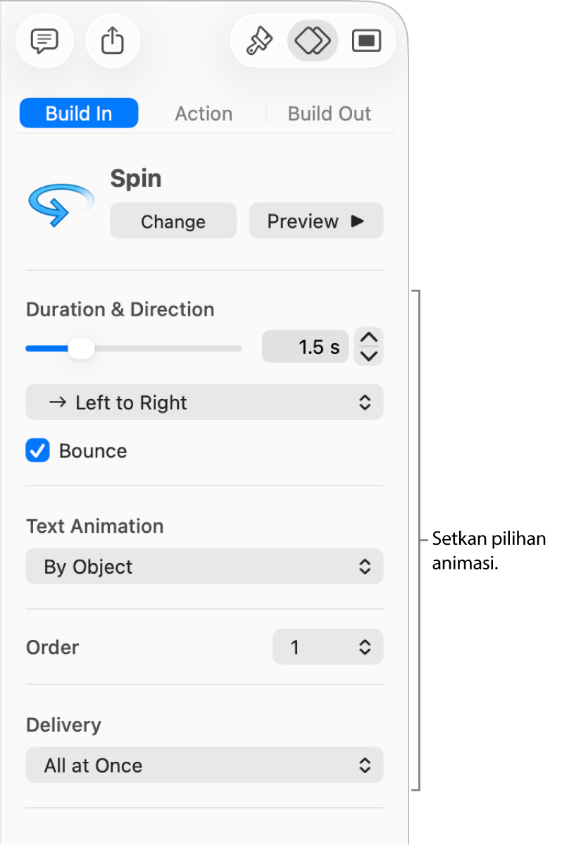 Pilihan Bina Masuk dalam bahagian Animasi pada bar sisi.
