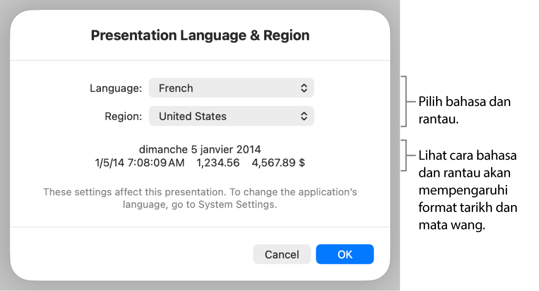 Anak tetingkap Bahasa & Rantau dengan kawalan untuk bahasa dan rantau, serta contoh format termasuk tarikh, masa, perpuluhan dan mata wang.
