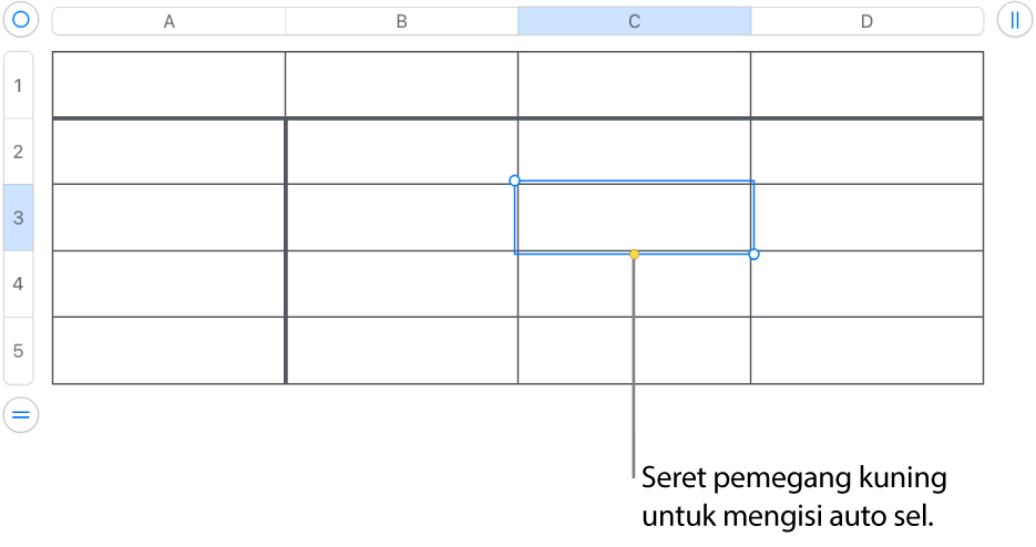 Sel yang dipilih dengan pemegang kuning yang boleh anda seret untuk mengisi auto sel.