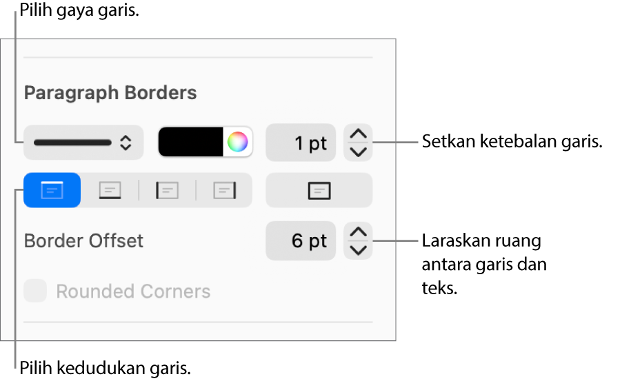 Kawalan untuk menukar gaya garis, ketebalan, kedudukan dan warna.
