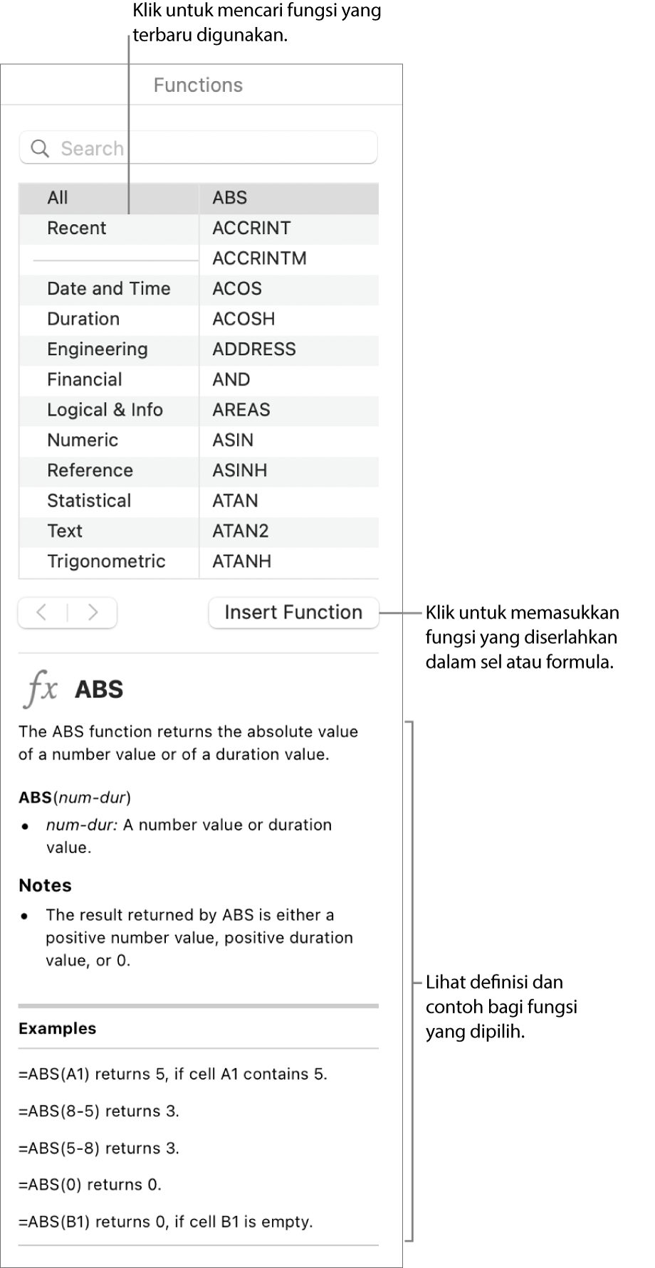 Pelayar Fungsi dengan petak bual ke fungsi yang terbaru digunakan, butang Masukkan Fungsi dan definisi fungsi.