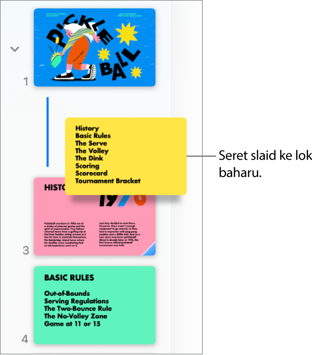 Penavigasi slaid menunjukkan imej kecil slaid disusun semula dengan garis di sebelah kiri.