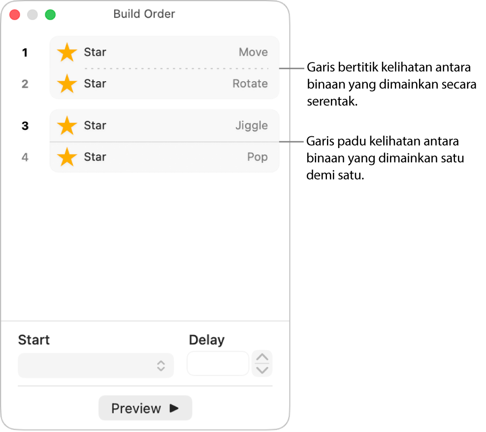 Menu Tertib Binaan, dengan garis bertitik kelihatan antara binaan yang dimainkan serentak dan garis padu antara binaan yang dimainkan satu demi satu.