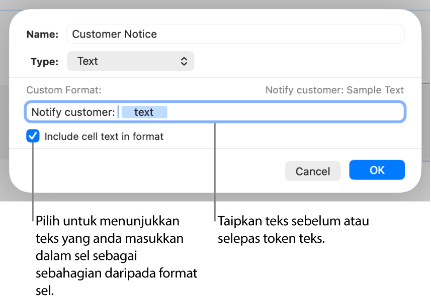 Format sel teks tersuai.
