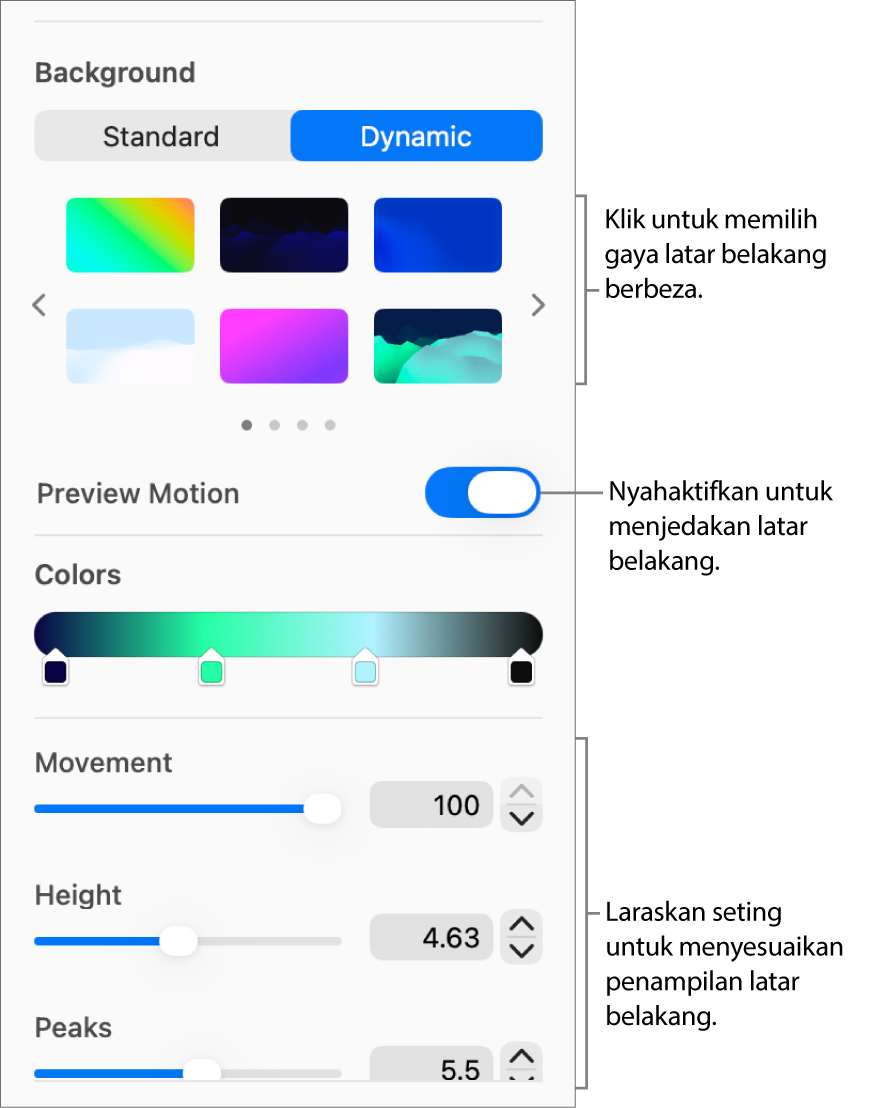 Butang Dinamik dipilih dalam bahagian Latar Belakang bar sisi Format dengan gaya latar belakang dinamik, kawalan Pratonton Pergerakan dan kawalan penampilan dipaparkan.